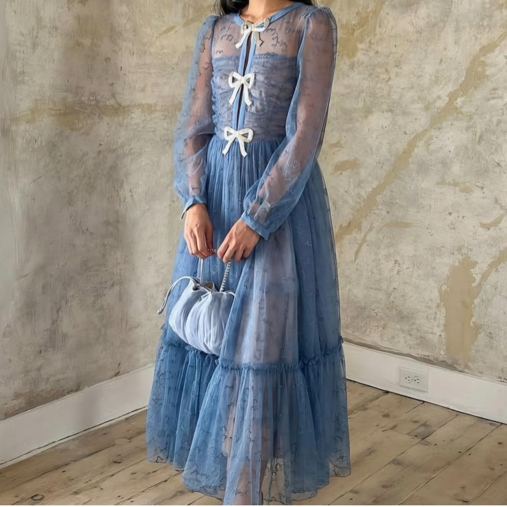 Saloni Sheer Blue Long Sleeve Tulle Midi Dress With Bows